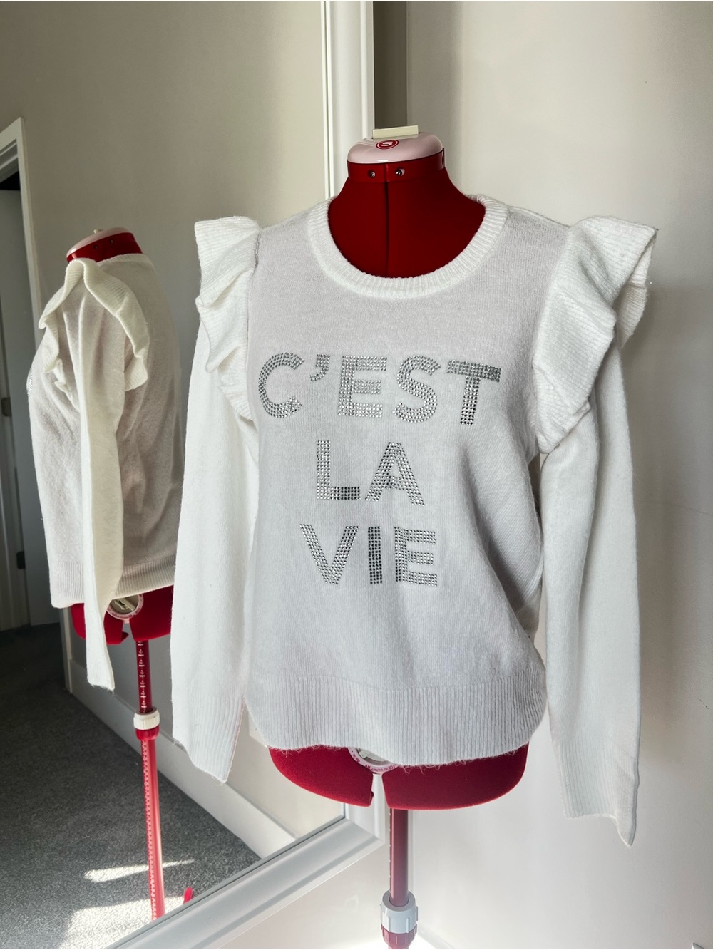 Karl Lagerfeld White Rhinestone 'C'EST LA VIE' Ruffle Shoulder Sweater